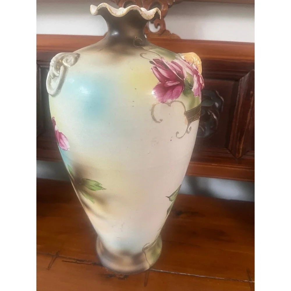 Antique Nippon Hand Painted 3 Handled Rose Vase
